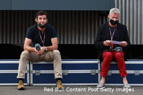 <i>Webber en Coulthard in 2021 als commentatoren van Channel 4.</i>