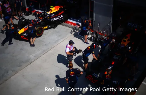 <i>Verstappen en Pérez worden de pitboxen ingeduwd.</i>