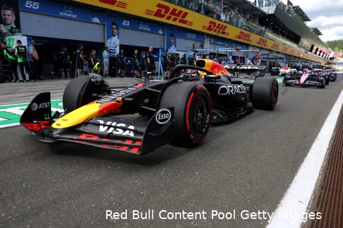 <i>Verstappen rijdt de pitstraat uit, met Gasly hier achter zich.</i>
