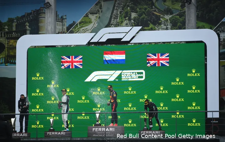 <i>Max Verstappen wist de race te 'winnen' en George Russell pakte zijn eerste podium. (Foto: Red Bull Content Pool)</i>
