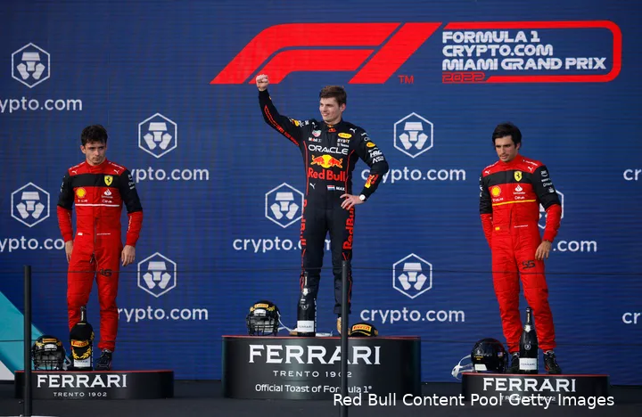 <i>Max Verstappen was dit jaar meer dan eens beide Ferrari-coureurs te snel af, zoals in de Grand Prix van Miami.</i>