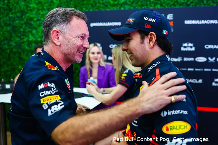 Sergio Pérez, Jeddah-master, en teambaas Christian Horner, GP Saoedi-Arabië 2023 (Foto:
Red Bull Content Pool / Getty Images)