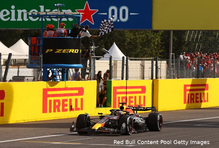 <i>Max Verstappen wordt afgevlagd als winnaar in Monza.</i>