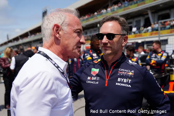 Greg Maffei, voorzitter en CEO van Liberty Media, en Christian Horner, CEO van Red Bull Racing en teammanager, GP Canada 2023