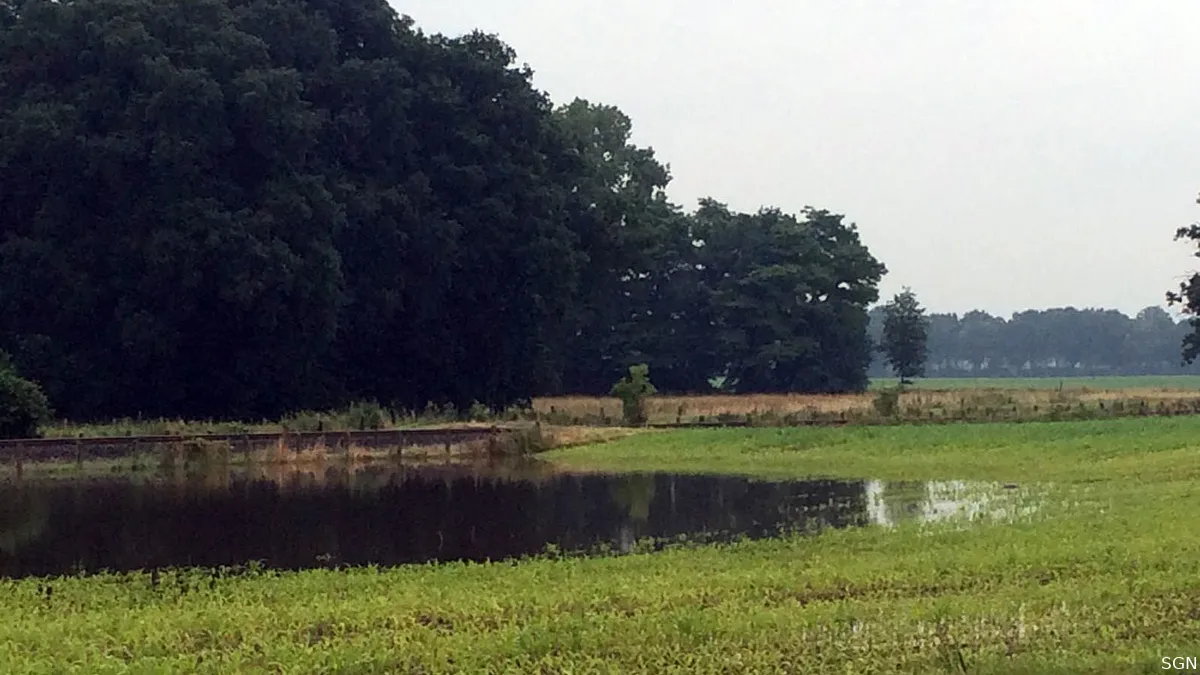 na overvloedige regenval deels blank staande akker bij limbricht