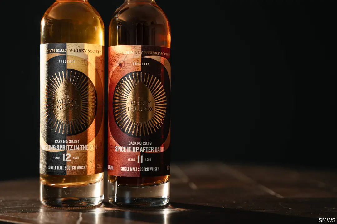 Close-up of Whisky Equinox bottles