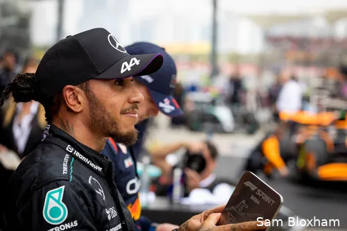Hamilton with a small trophy for P2 in the 2024 Chinese Grand Prix sprint race