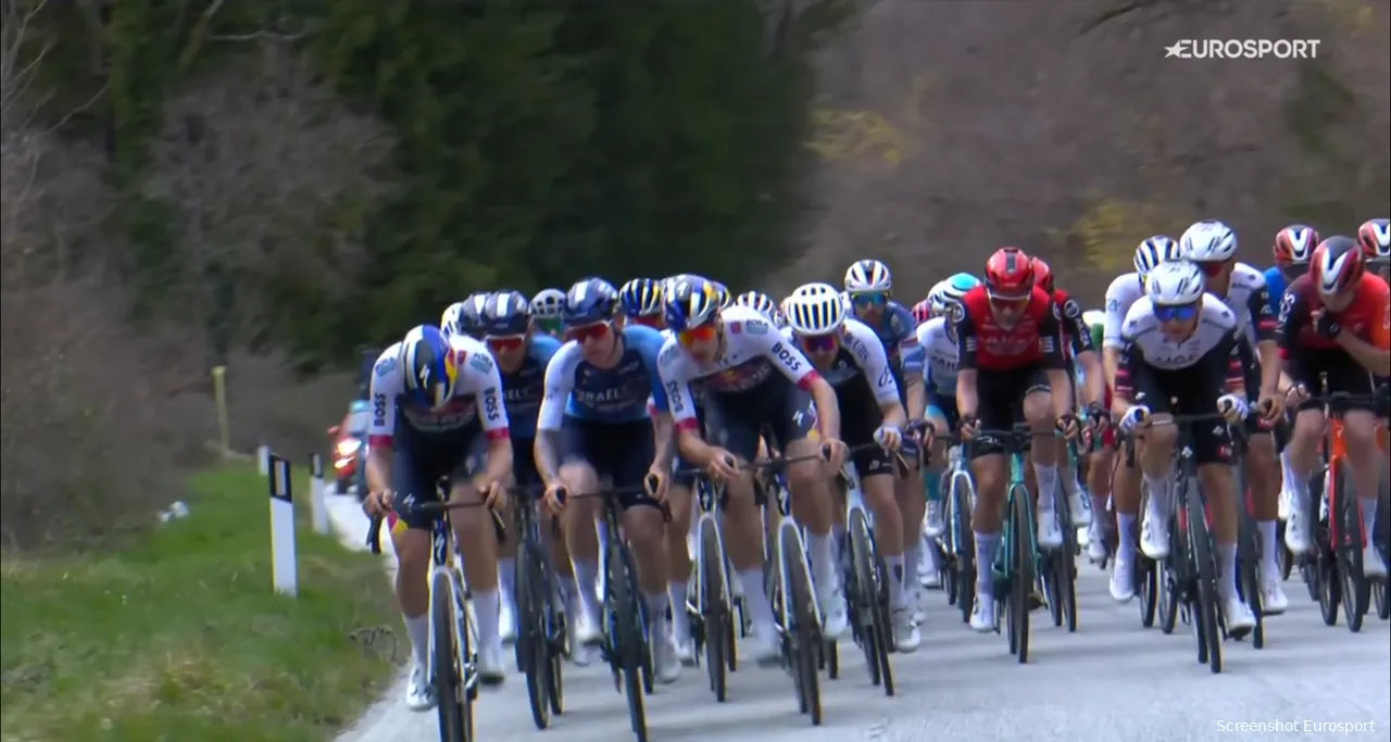 Van Dijke (here third from left) received another warning on the penultimate day, after 'intimidating' pushing in the peloton