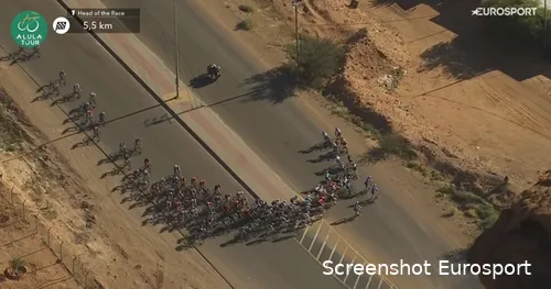 Soudal Quick-Step riders (visible in the bottom right of the image) execute a switch in the finale.