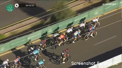 Mezgec looks back, sees no Groenewegen, and stops pedaling.