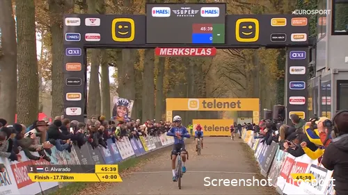 <i>Alvarado across the finish line, a few seconds ahead of Brand</i>