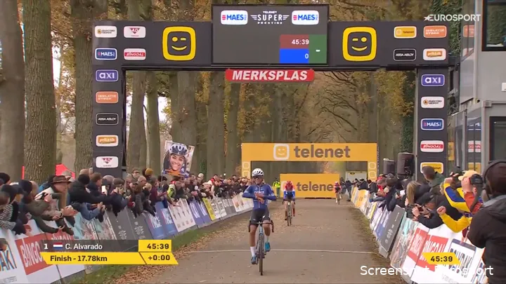 <i>Alvarado across the finish line, a few seconds ahead of Brand</i>