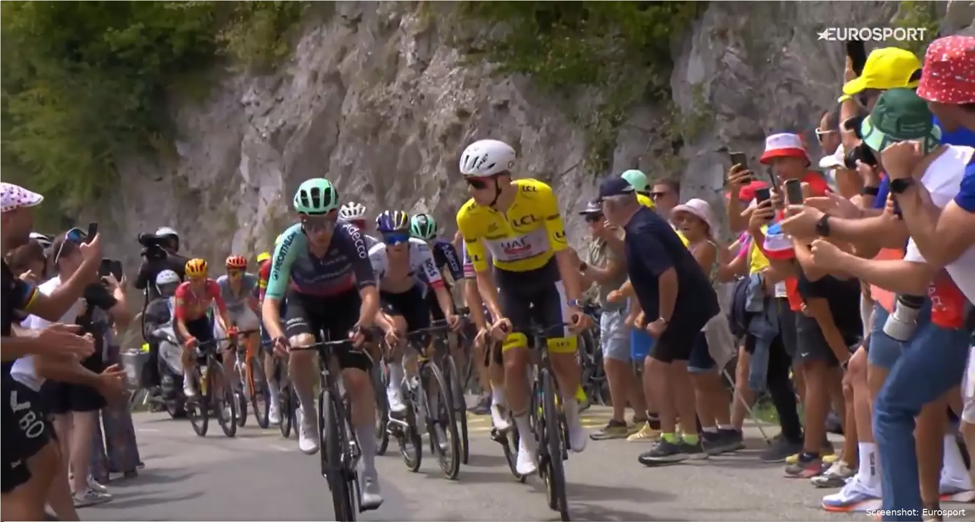 Tadej Pogacar stares down Nicolas Prodhomme at the 2026 Tour de France