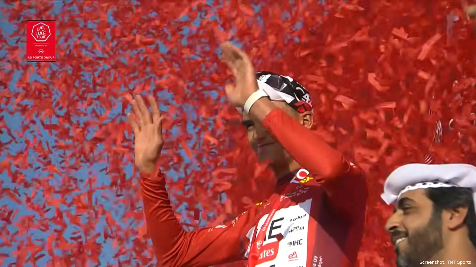 Isaac del Toro celebrates winning the Red Jersey at the 2026 UAE Tour