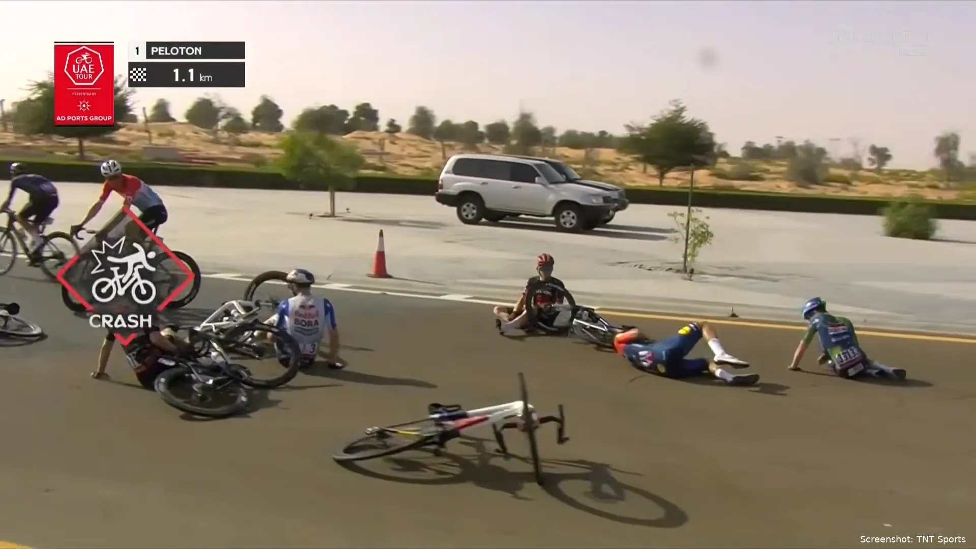 Jonathan Milan crashes on stage 1 at the 2026 UAE Tour