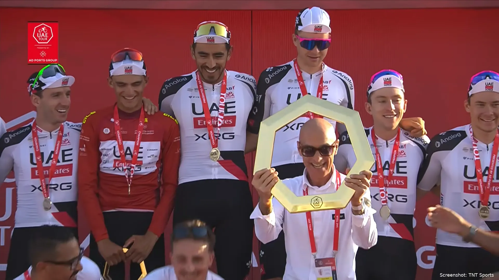 UAE Team Emirates - XRG all take to the UAE Tour podium to celebrate Isaac del Toro's GC win