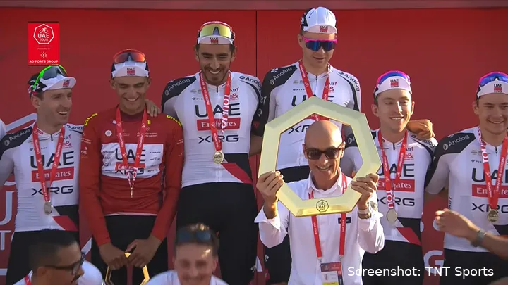 UAE Team Emirates - XRG all take to the UAE Tour podium to celebrate Isaac del Toro's GC win