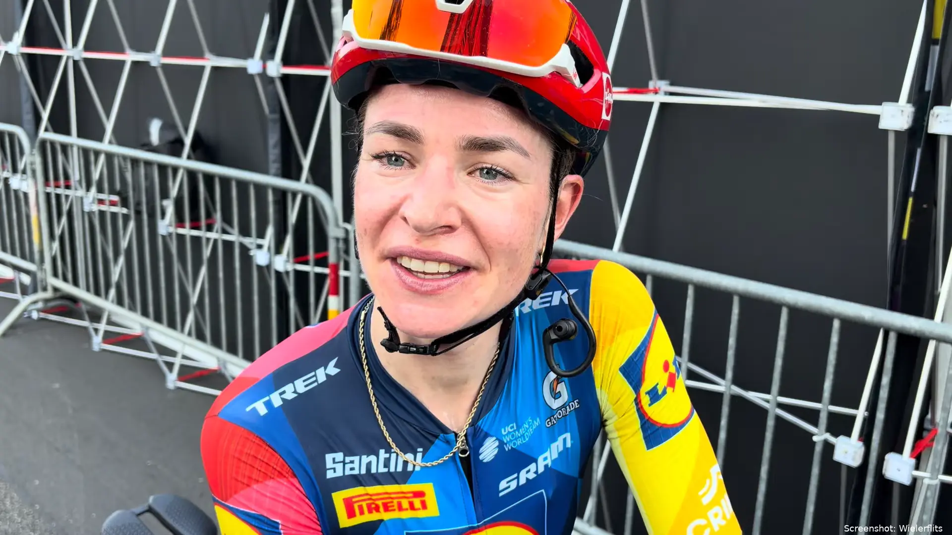 Riejanne Markus speaking to the media at the 2026 Tour de France Femmes