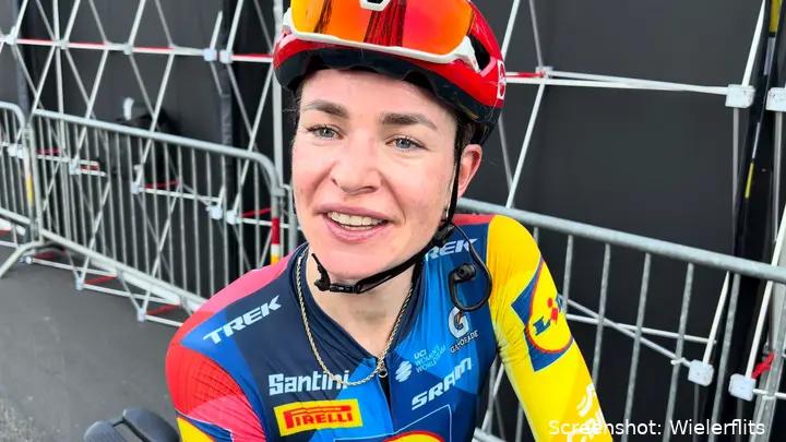 Riejanne Markus speaking to the media at the 2026 Tour de France Femmes