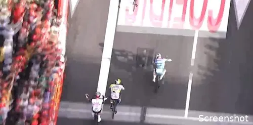 <i>Boy van Poppel third over the finish line in the twelfth Vuelta stage in 2023</i>.