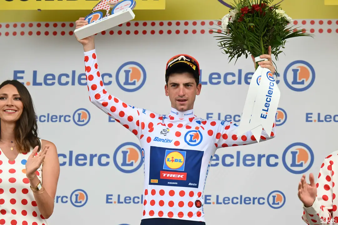 Giulio Ciccone with the polka dot jersey in 2023