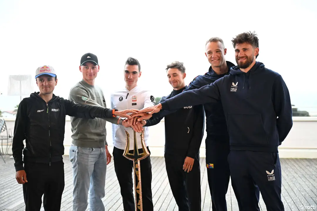 Left to right: Tom Pidcock, Mathieu van der Poel, Juan Ayuso, Jai Hindley, Jonathan Milan and Filippo Ganna