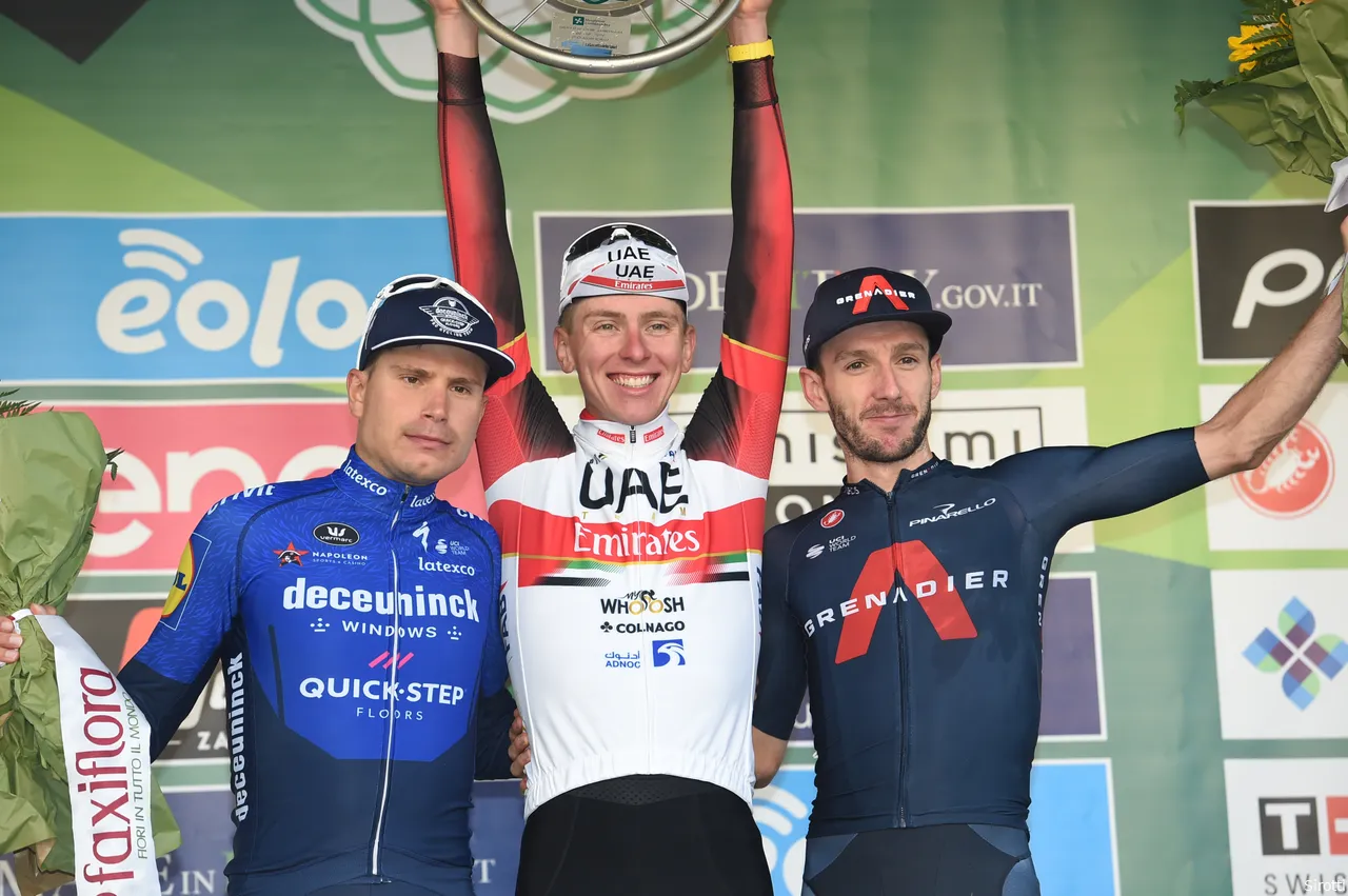 <i>Masnada on the podium of the Tour of Lombardy in 2021</i>