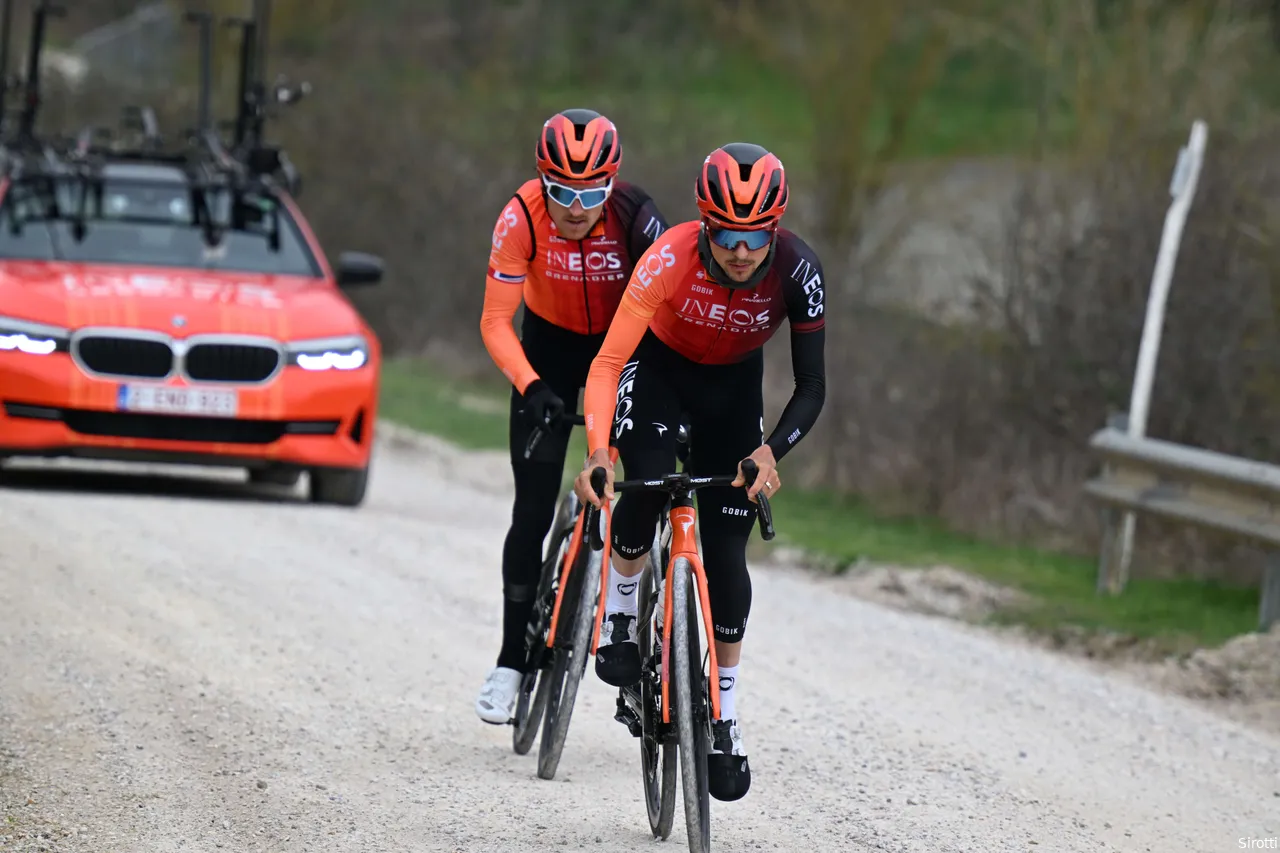 <i>Thomas and Pidcock in training for Strade Bianche</i>