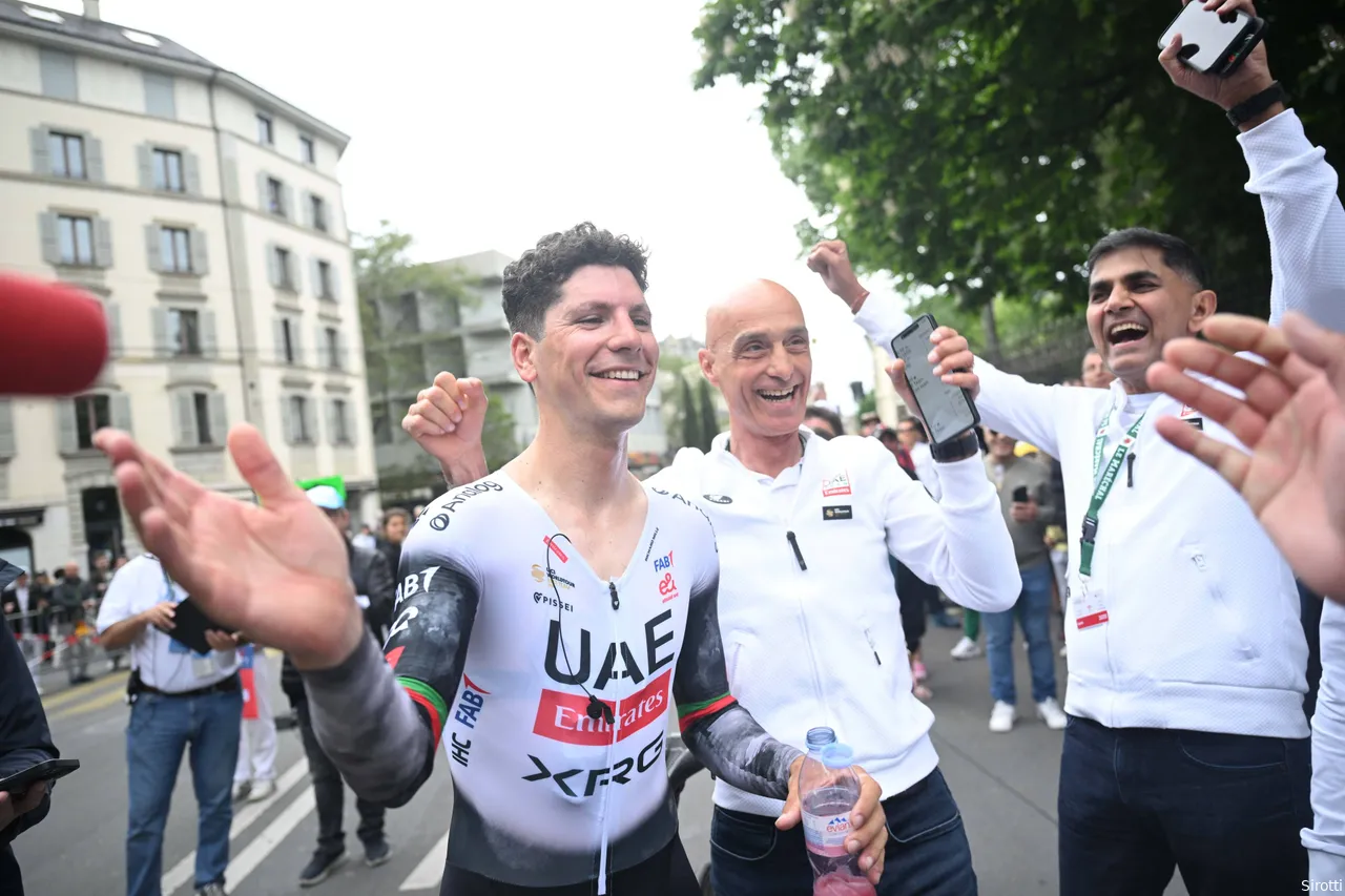 Almeida and UAE celebrate overall victory at the Tour de Romandie.