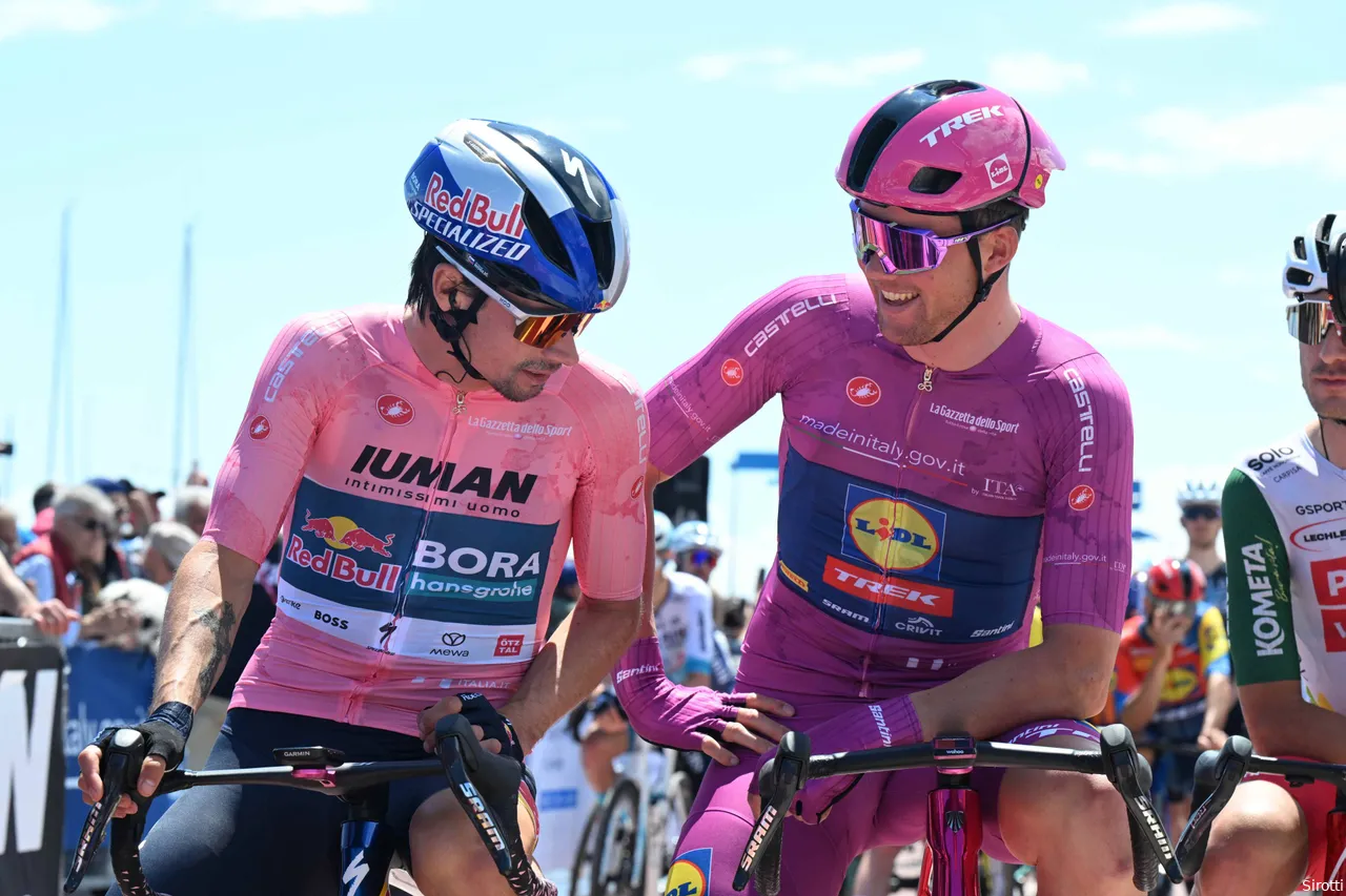 Roglic alongside Pedersen before the start of stage eight