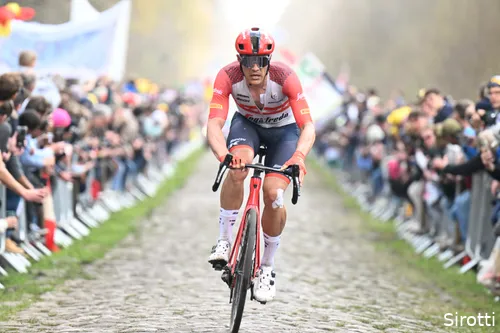 Stuyven in action during Paris-Roubaix, where he finished 20th