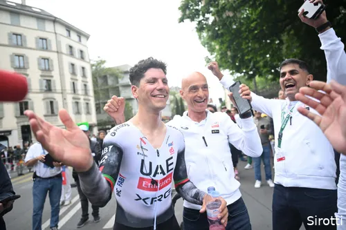 Almeida and UAE celebrate overall victory at the Tour de Romandie.