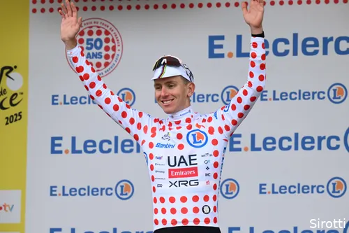 tadej pogacar in the polka dot jersey after stage 2