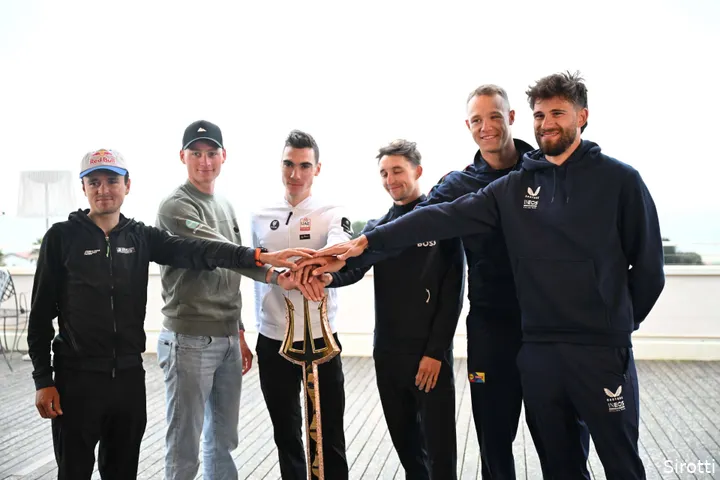 Left to right: Tom Pidcock, Mathieu van der Poel, Juan Ayuso, Jai Hindley, Jonathan Milan and Filippo Ganna