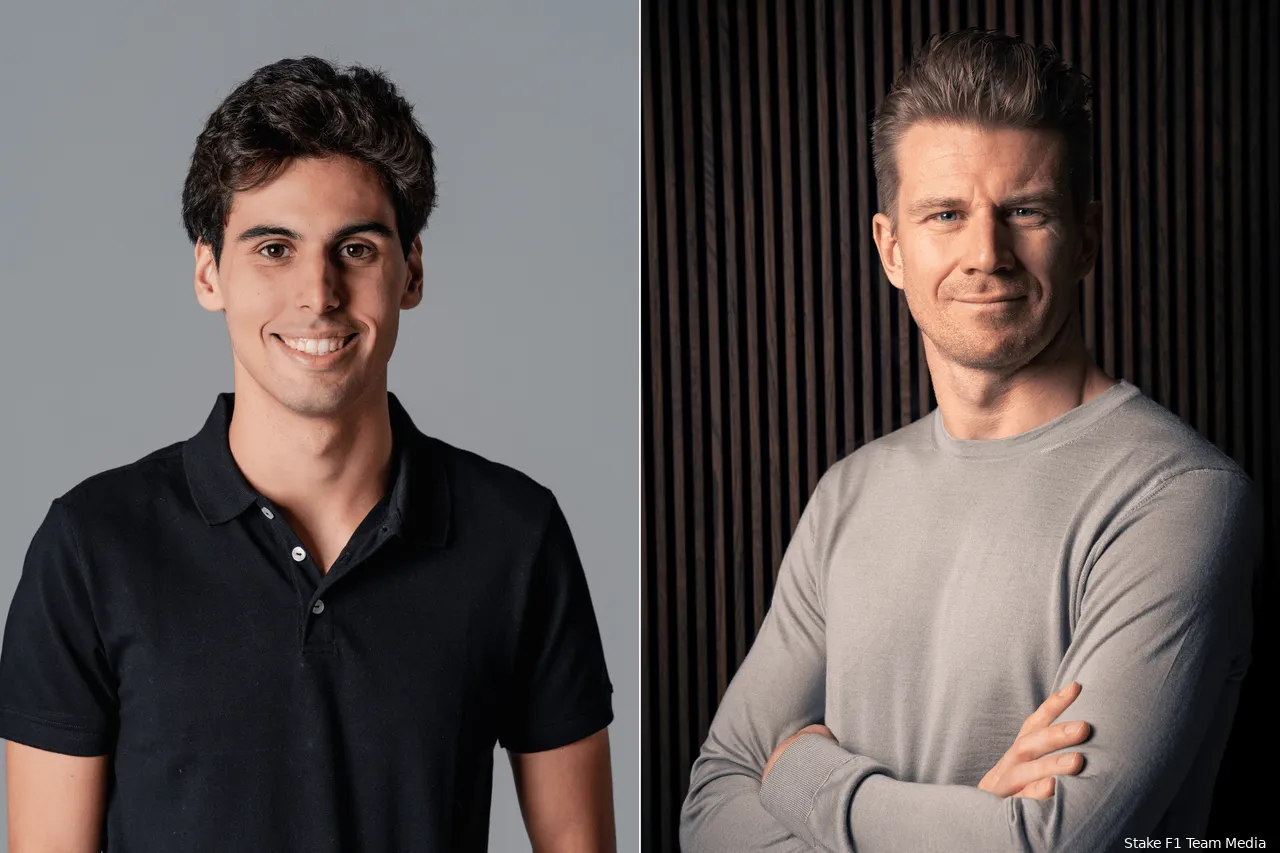 Gabriel Bortoleto and Nico Hulkenberg's at a professional photoshoot with a neutral background and casual clothes.