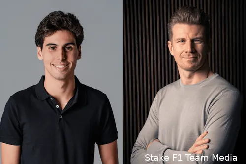 Gabriel Bortoleto and Nico Hulkenberg's at a professional photoshoot with a neutral background and casual clothes.