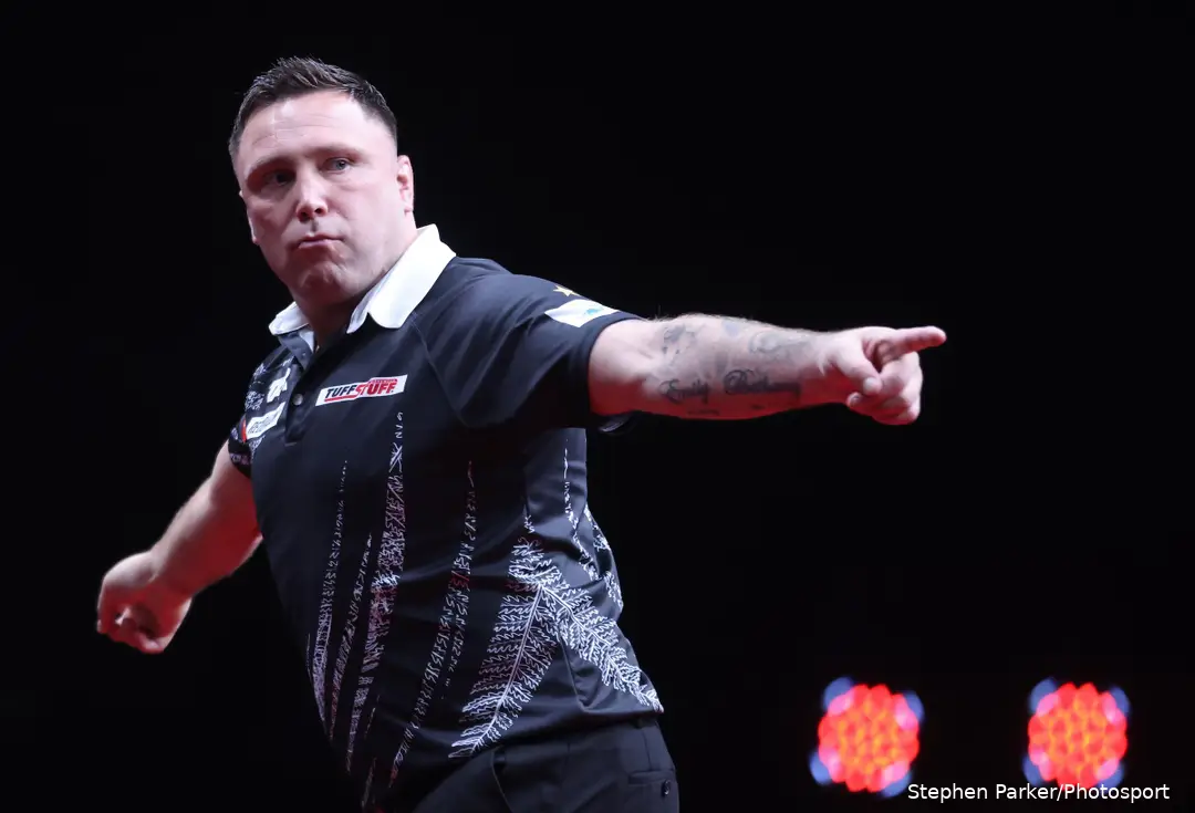 Gerwyn Price in action at the New Zealand Darts Masters
