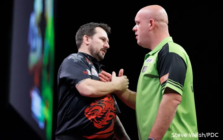 Jonny Clayton and Michael van Gerwen greet each other