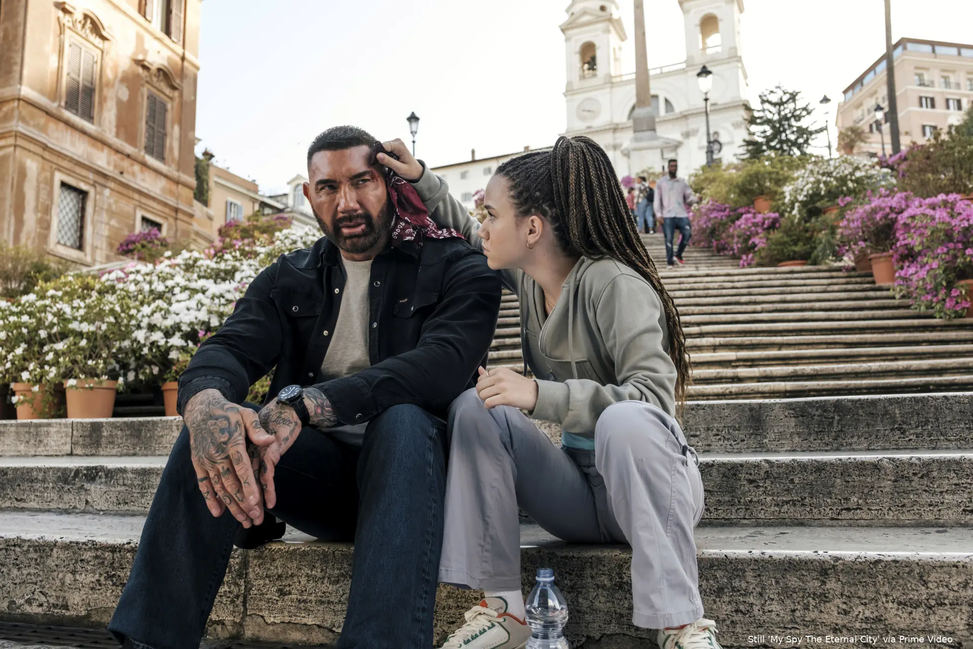 dave bautista as jj and chloe coleman as sophie in my spy the eternal city photo graham bartholomew amazon content services llc