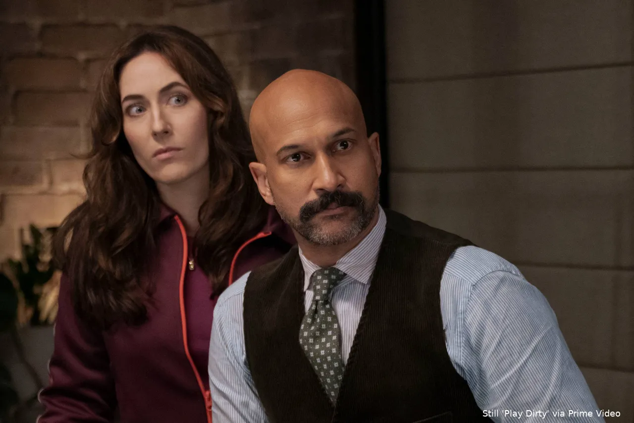 Brenda (Claire Lovering) and Ed (Keegan-Michael Key) in PLAY DIRTY. Photo Credit_ Jasin Boland Prime © Amazon Content Services LLC