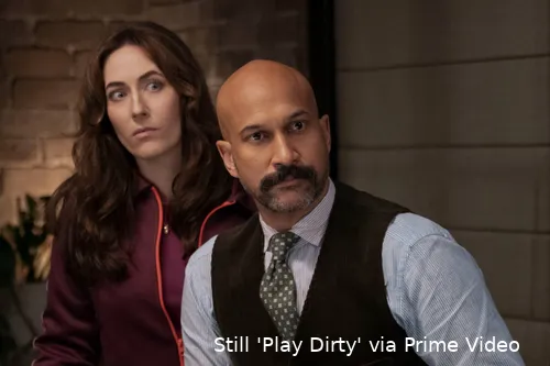 Brenda (Claire Lovering) and Ed (Keegan-Michael Key) in PLAY DIRTY. Photo Credit_ Jasin Boland Prime © Amazon Content Services LLC