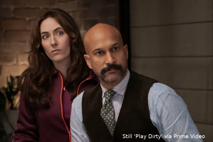 Brenda (Claire Lovering) and Ed (Keegan-Michael Key) in PLAY DIRTY. Photo Credit_ Jasin Boland Prime © Amazon Content Services LLC