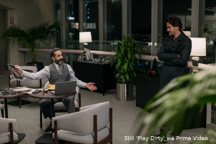 Lozini (Tony Shalhoub) and Kincaid (Nat Wolff) in PLAY DIRTY. Photo Credit Jasin Boland_Prime © Amazon Content Services LLC