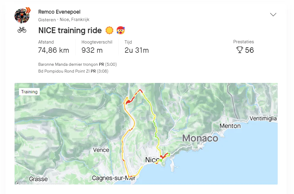 Evenepoel's Strava upload