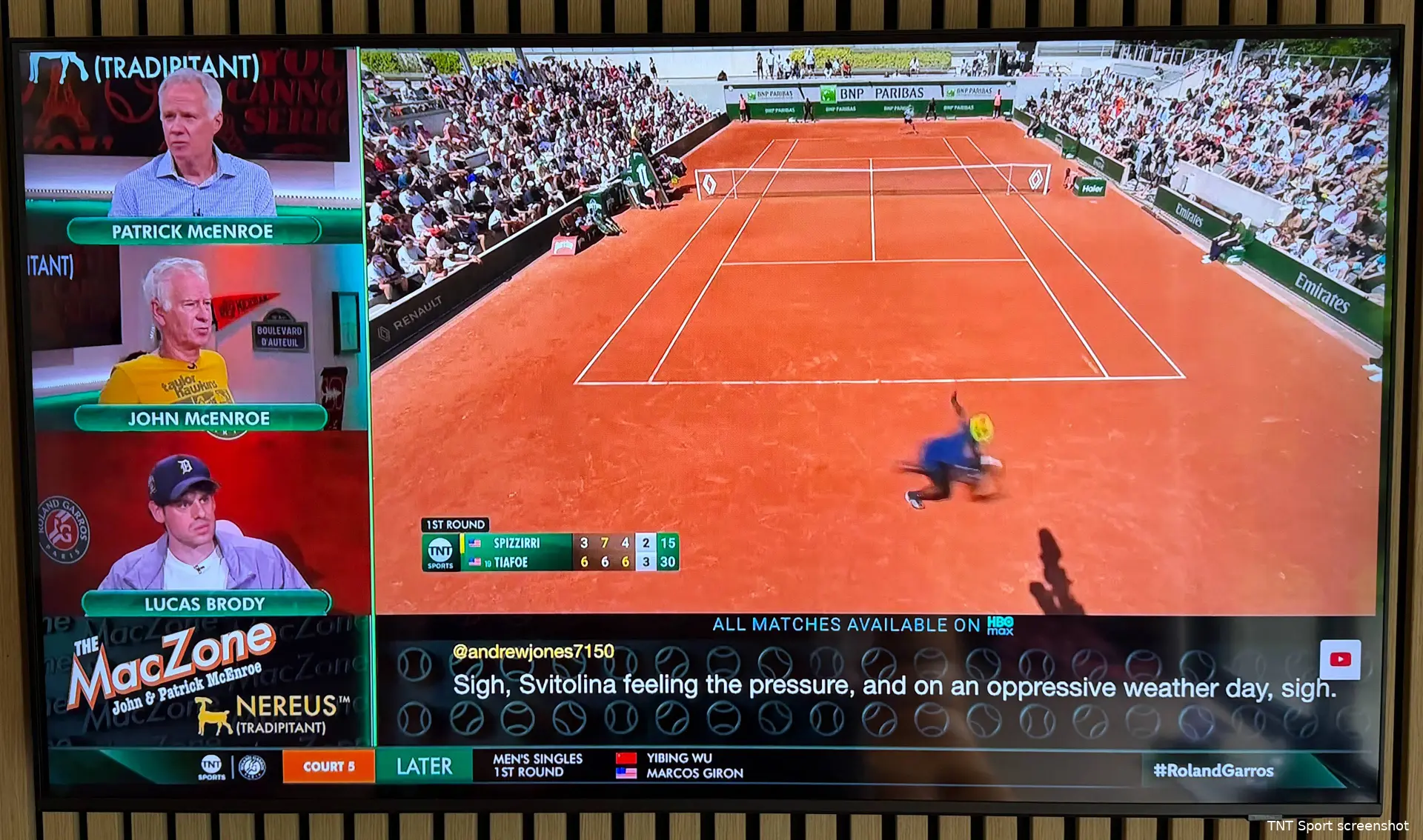 John and Patrick McEnroe and Lucas Brody are commenting on a Roland Garros match