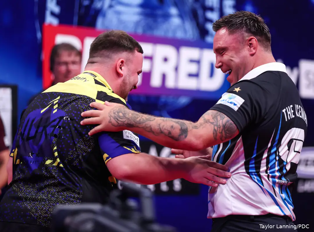 Luke Littler and Gerwyn Price after the 2026 World Matchplay final