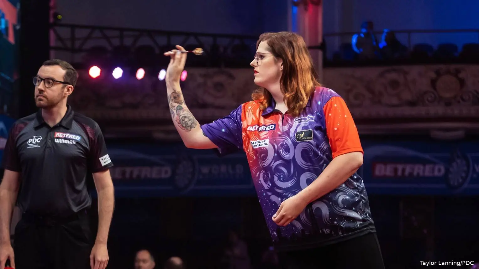 Noa Lynn van Leuven in actie tijdens de voorbije Women's World Matchplay