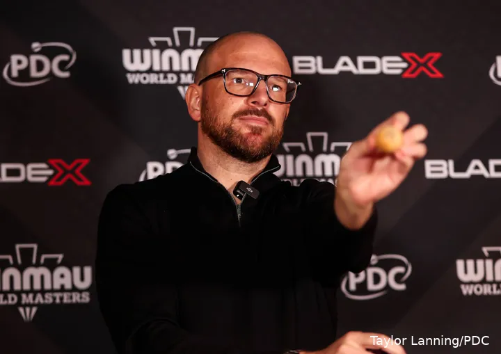 Mark Webster does the draw for the 2026 Winmau World Masters