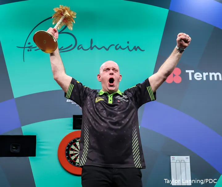 Michael van Gerwen celebrates winning the 2026 Bahrain Darts Masters