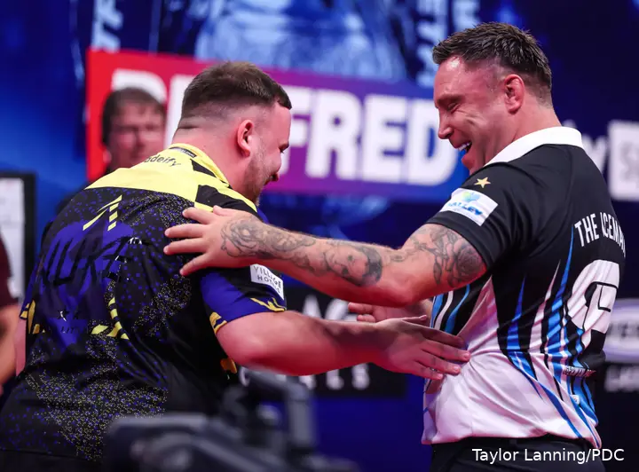 Luke Littler and Gerwyn Price after the 2026 World Matchplay final